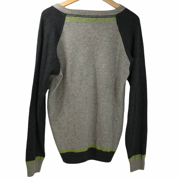 Iceland Colour Block Wool V Neck Sweater Long Sleeve Grey Green Men's Italy - Picture 6 of 9